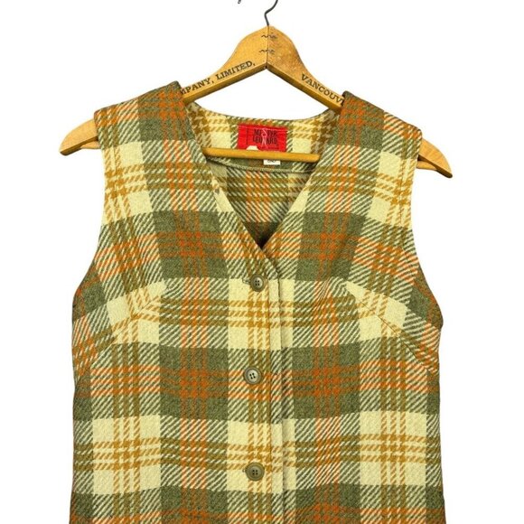 Vintage 1960s Mr. Leonard Wool Vest Green Orange Plaid Sleeveless Button Front - Picture 4 of 5